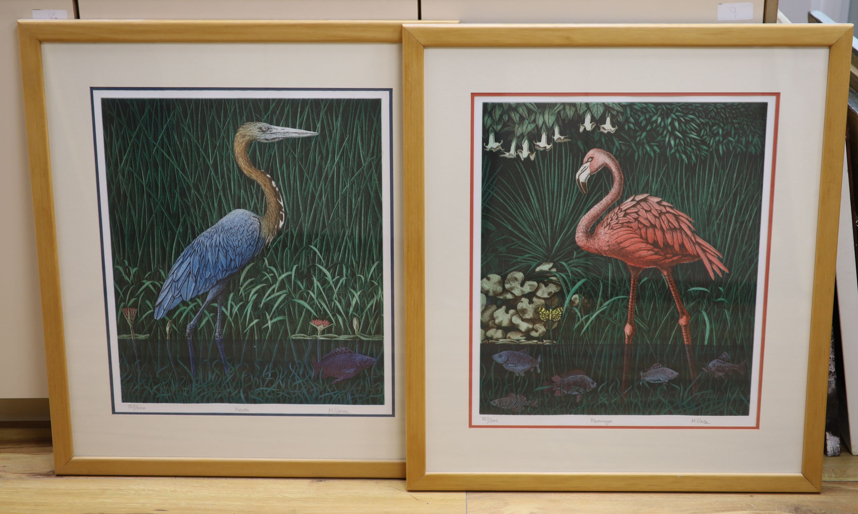 Mark Millmore (b.1956), pair of limited edition prints, Flamingo and Heron, signed in pencil, 157/200, 48 x 41cm